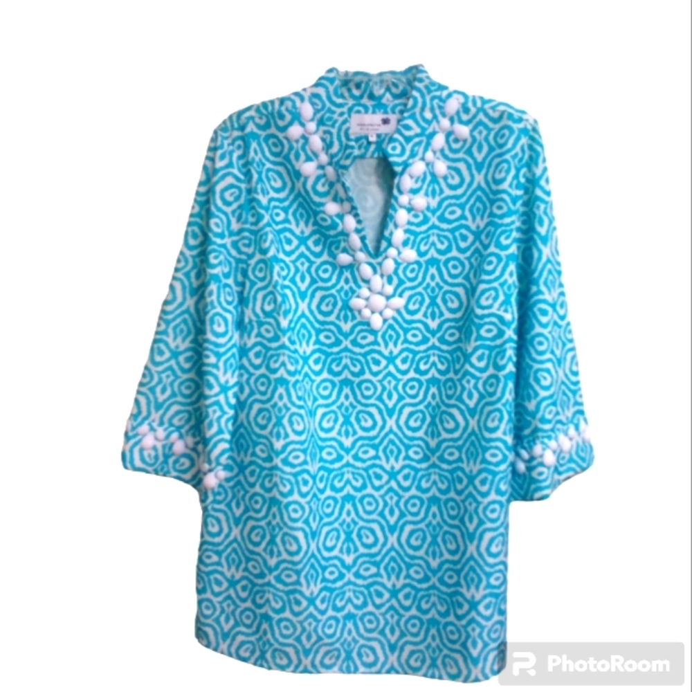Completely Me by Liz Lange Top Blue & White Tunic Embellished Boho  Women's  XL